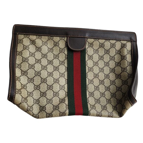 Vintage GUCCI Parfume Clutch Bag GG PVC Pouch Brown Tan Cosmetic Bag Ophidia - Picture 1 of 12